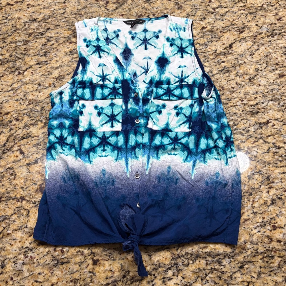Rock & Republic Womens Blue Tie Dye Ombre Sleeveless Tie Front Blouse Small